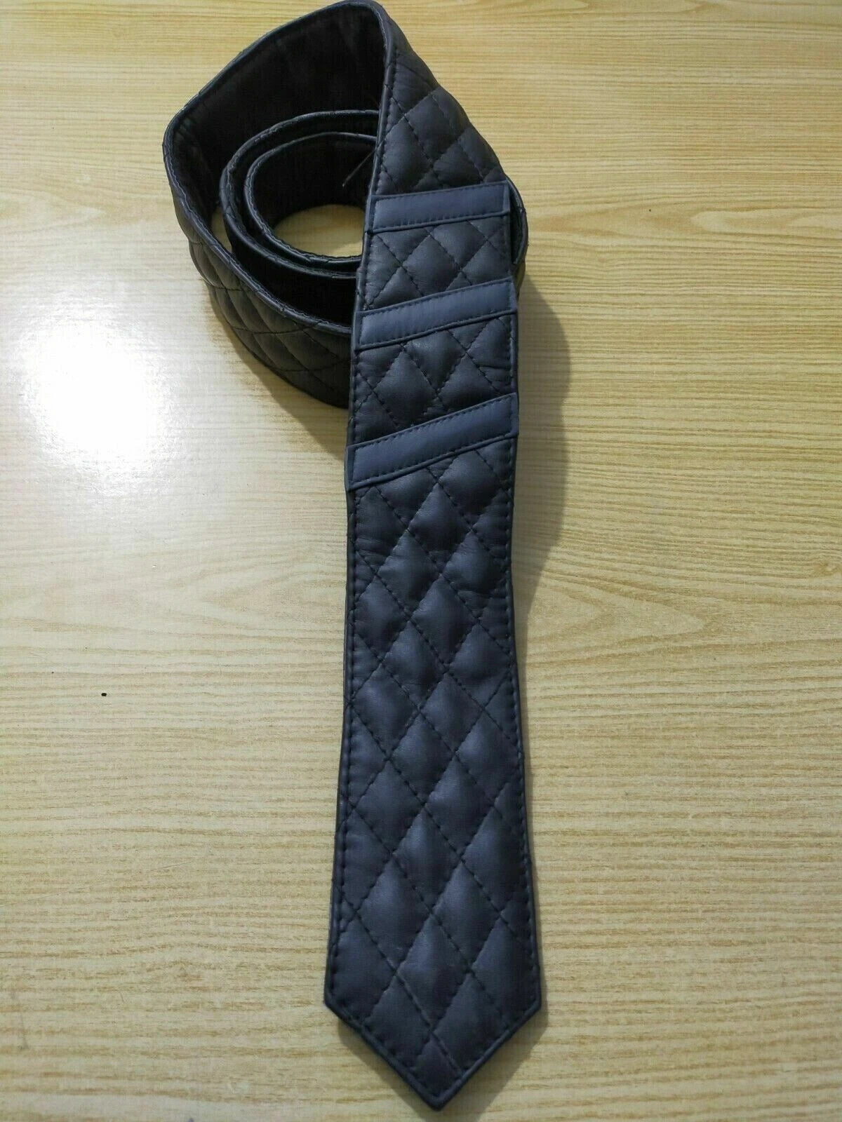 Premium Black Quilted Original Leather Necktie - Full-Grain Leather with Diamond Stitching
