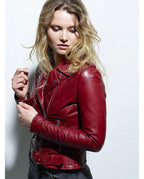 Burgundy Original Leather Belted Moto Jacket - Women's Premium Full-Grain Leather Biker Jacket – back view – Kamercio