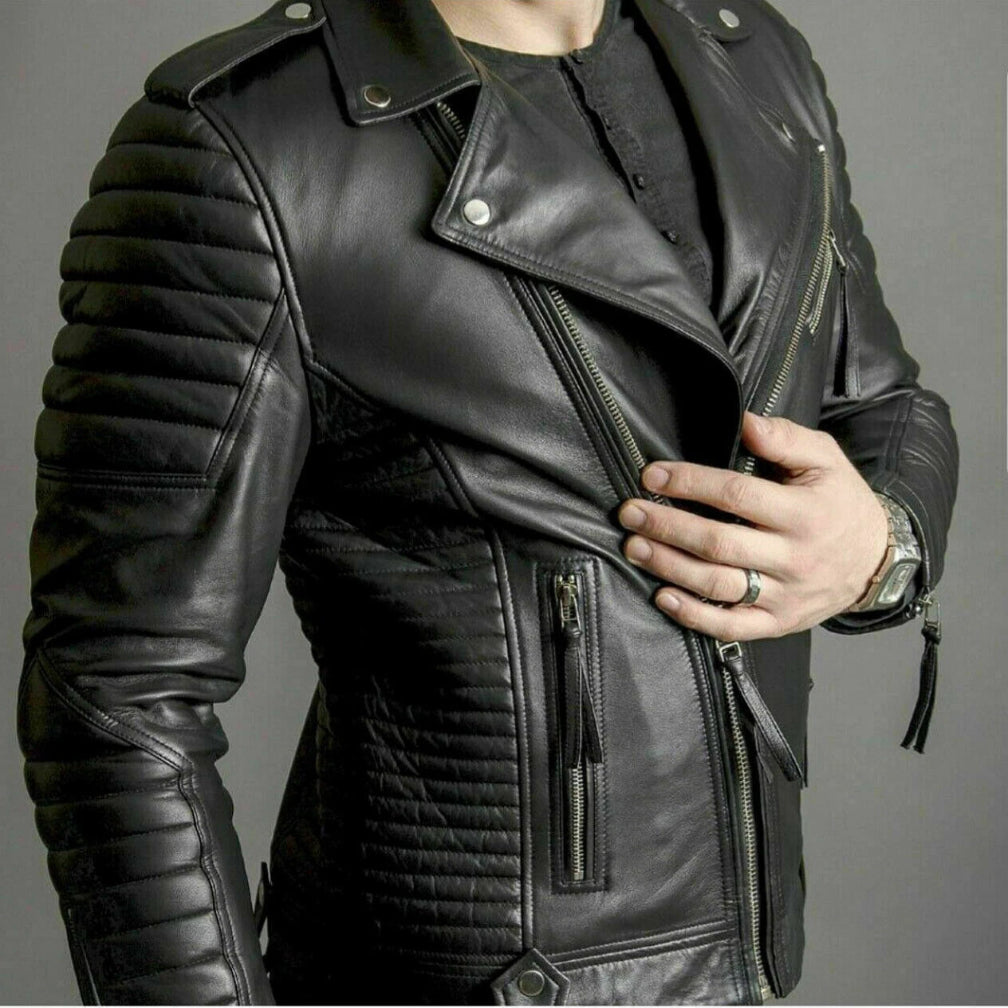 Men's Black Quilted Biker Premium Original Leather Jacket – Full-Grain Leather