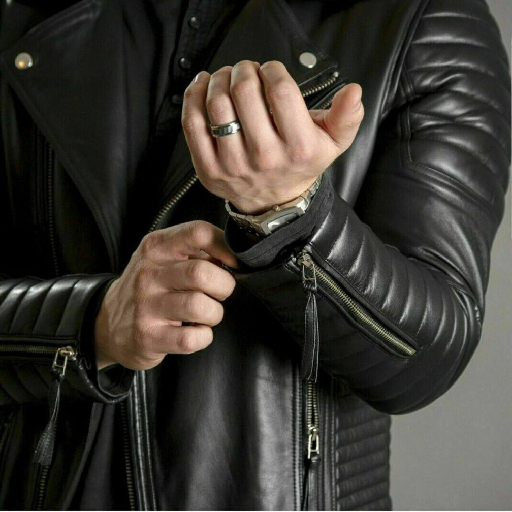 Men's Black Quilted Biker Premium Original Leather Jacket – Full-Grain Leather