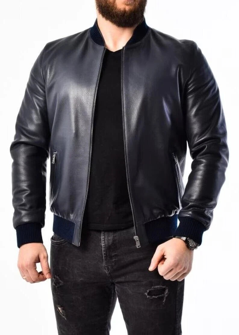Men's Navy Blue Original Leather Bomber Jacket – Full-Grain Leather
