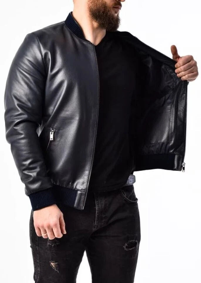 Men's Navy Blue Original Leather Bomber Jacket – Full-Grain Leather