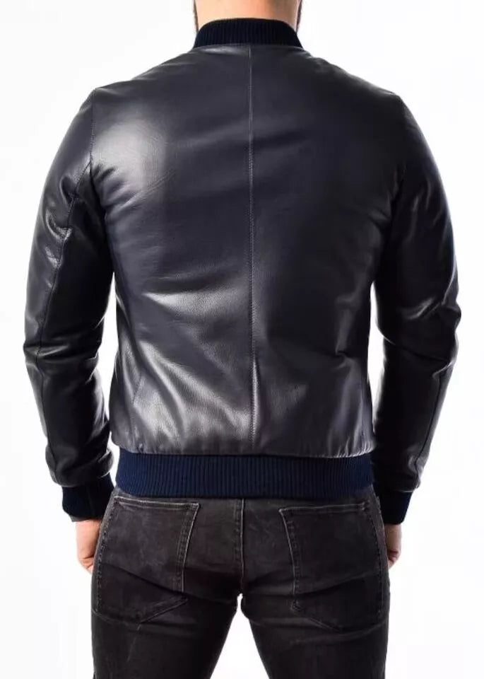 Men's Navy Blue Original Leather Bomber Jacket – Full-Grain Leather