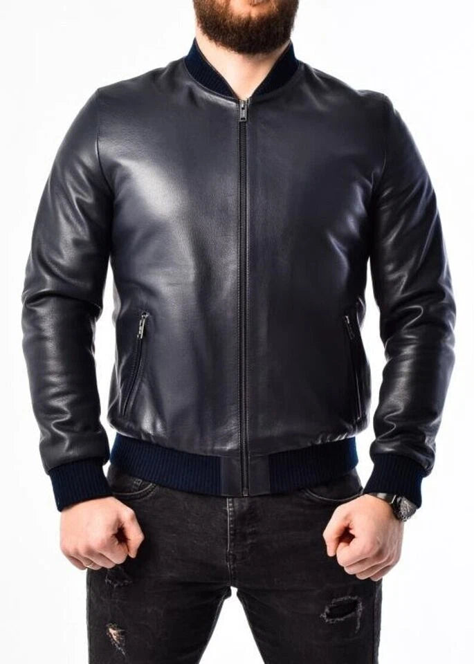 Men's Navy Blue Original Leather Bomber Jacket – Full-Grain Leather
