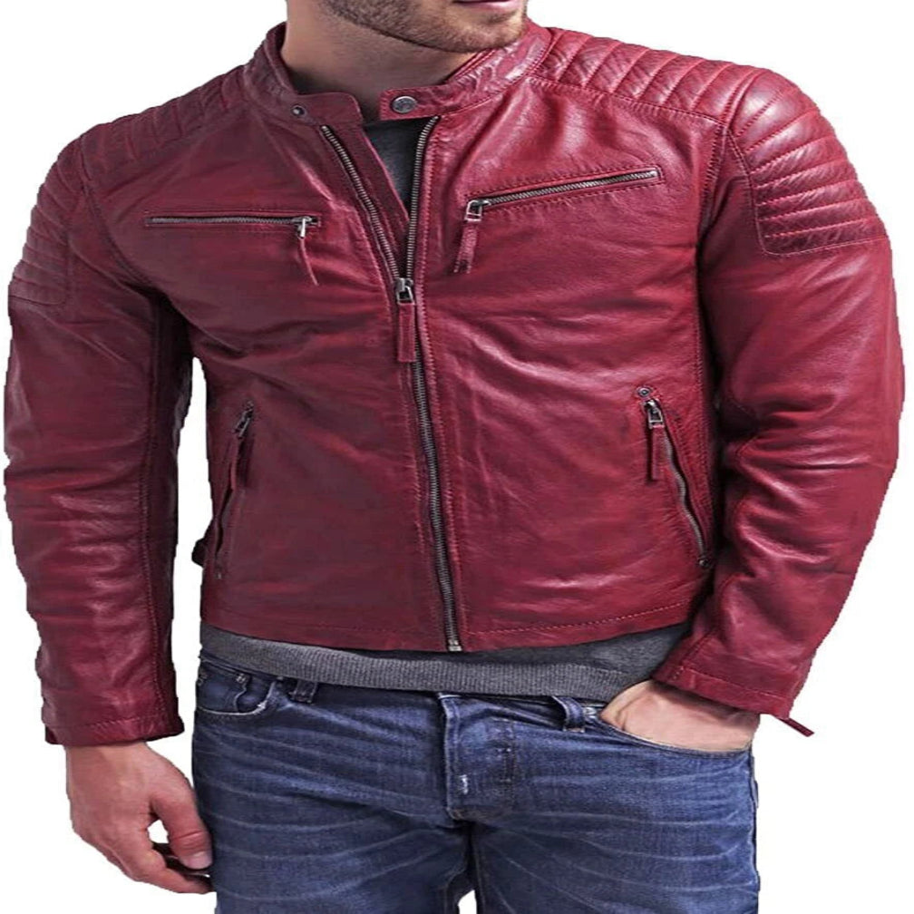Men's Red Premium Leather Biker Jacket – Handcrafted Full-Grain