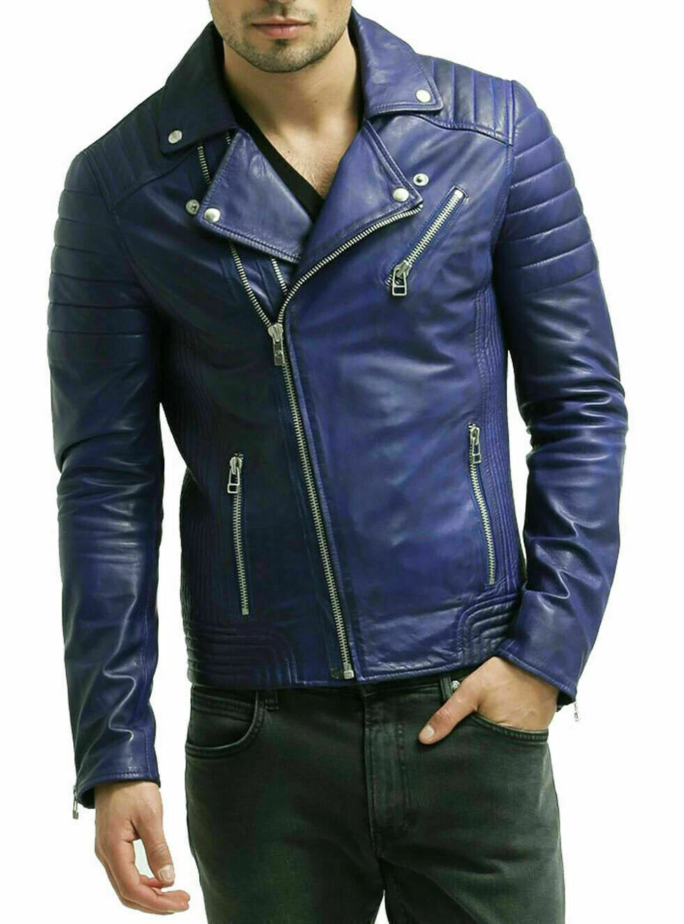 Men's Blue Original Leather Biker Jacket – Handcrafted Full-Grain