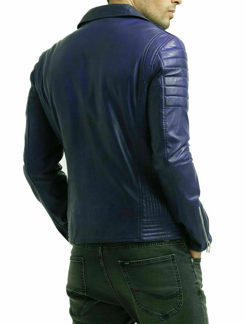 Men's Blue Original Leather Biker Jacket – Handcrafted Full-Grain
