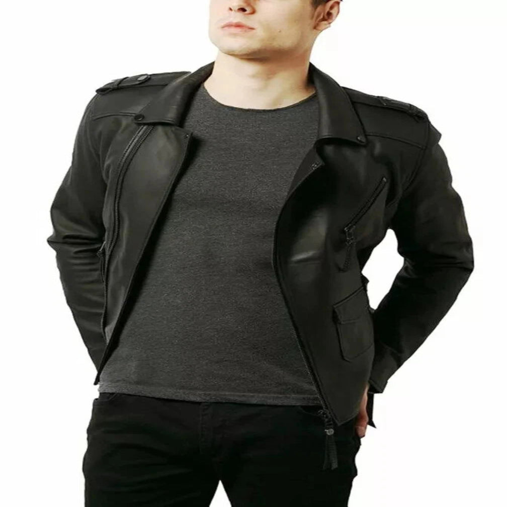 Men's Black Original Premium Leather Moto Jacket – Open Collar Handcrafted Full-Grain
