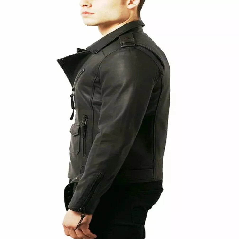 Men's Black Original Premium Leather Moto Jacket – Open Collar Handcrafted Full-Grain