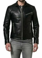 Men's Black Leather Café Racer Jacket – Handcrafted Full-Grain – bomber jacket, side view – Kamercio