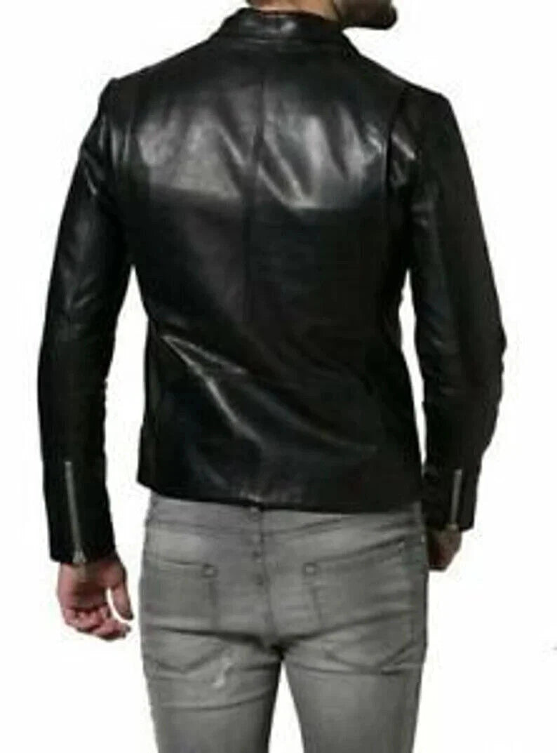Men's Black Leather Café Racer Jacket – Handcrafted Full-Grain