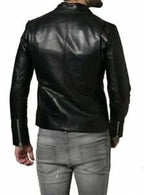 Men's Black Leather Café Racer Jacket – Handcrafted Full-Grain – bomber jacket, close-up detail – Kamercio