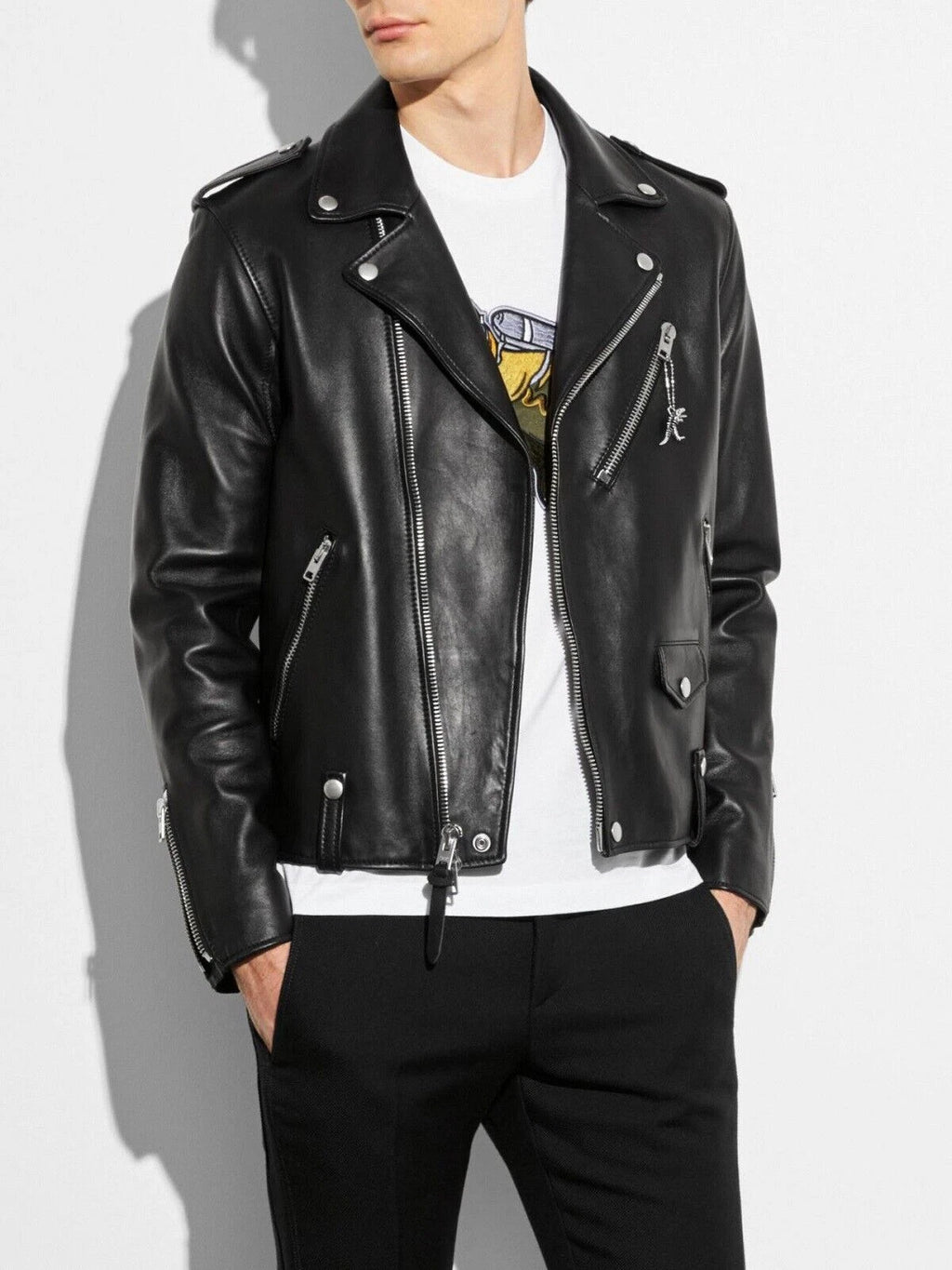 Men's Black Leather Original Biker Jacket – Notch Lapel Handcrafted Full-Grain