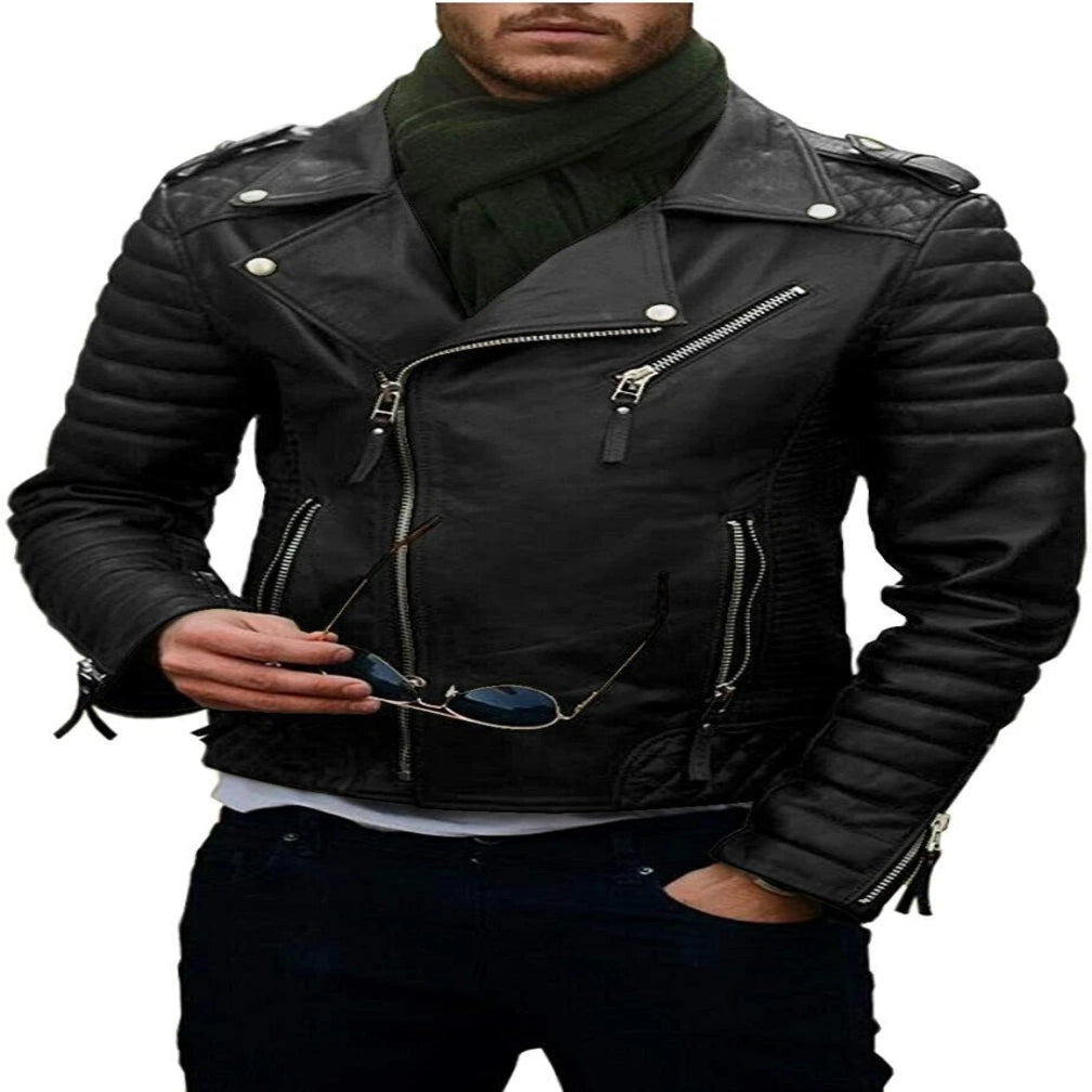 Men's Black Premium Leather Biker Jacket – Quilted Sleeves Handcrafted Full-Grain