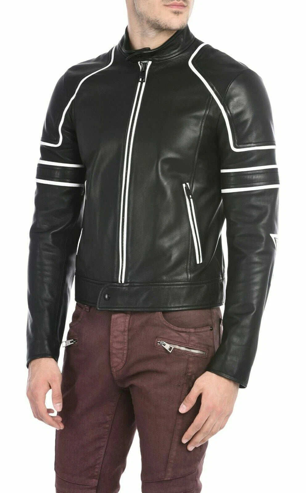 Men's Black Premium Original Leather Racer Jacket – White Stripe Detail Handcrafted Full-Grain