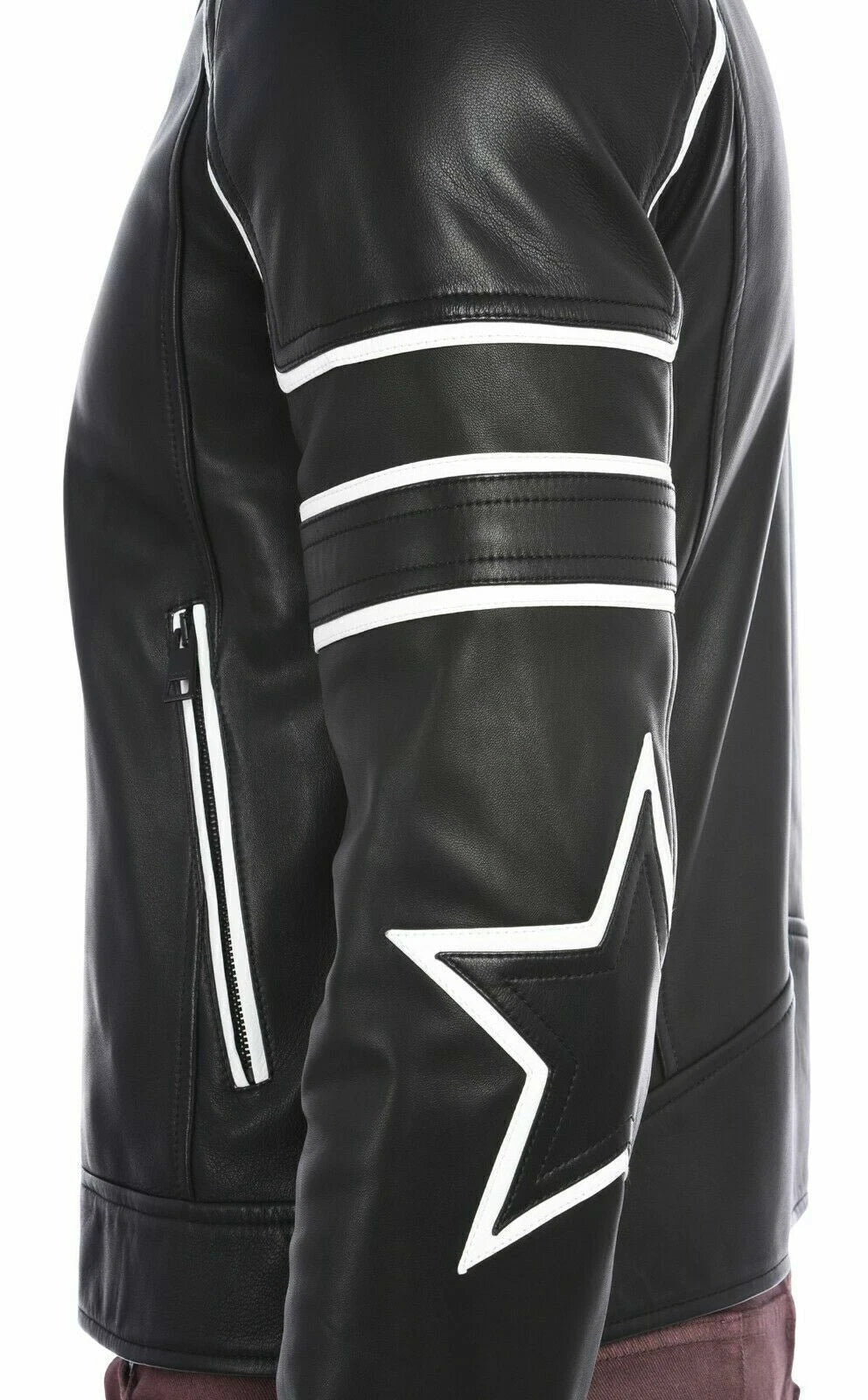 Men's Black Premium Original Leather Racer Jacket – White Stripe Detail Handcrafted Full-Grain
