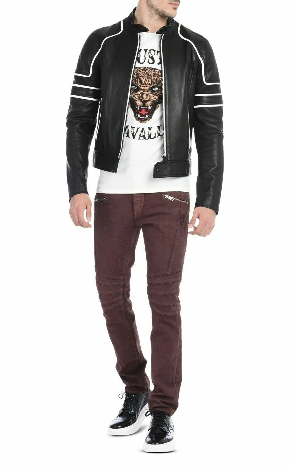 Men's Black Premium Original Leather Racer Jacket – White Stripe Detail Handcrafted Full-Grain