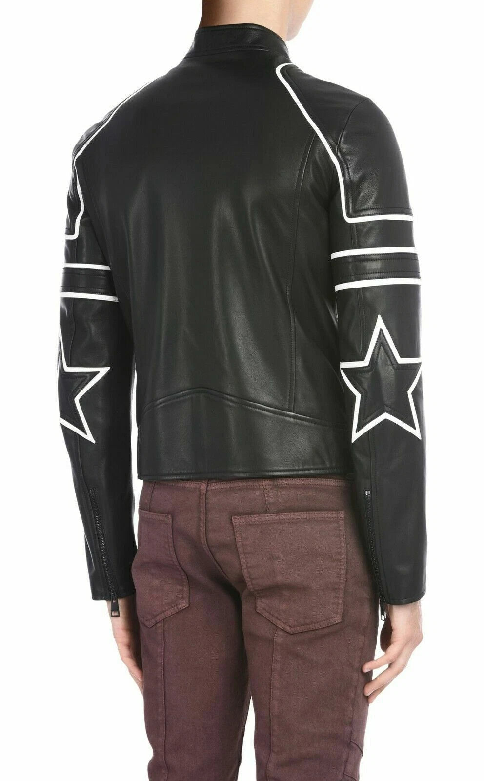 Men's Black Premium Original Leather Racer Jacket – White Stripe Detail Handcrafted Full-Grain