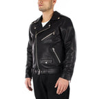 Men's Black Premium Leather Belted Biker Original Jacket – Handcrafted Full-Grain – bomber jacket, back view – Kamercio