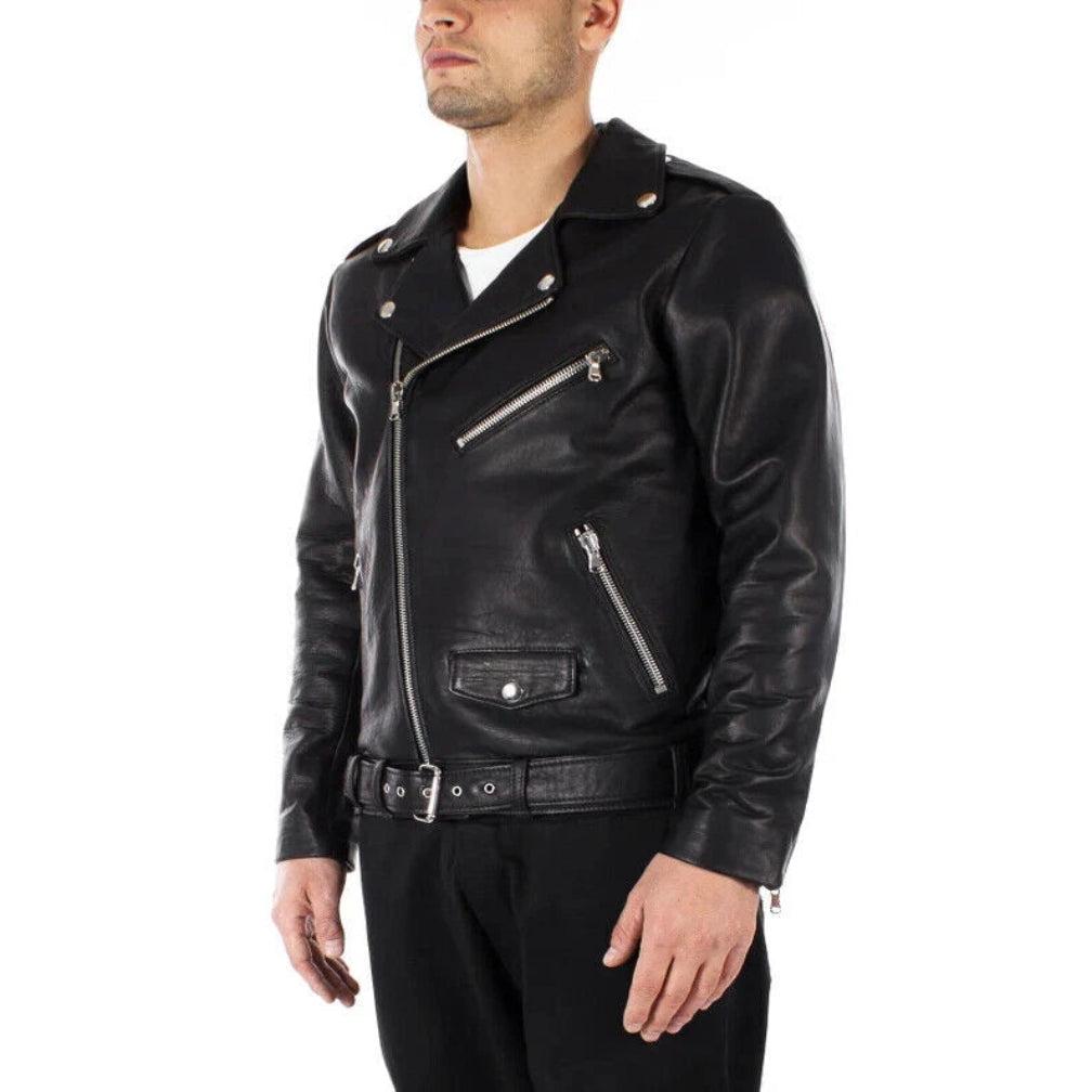 Men's Black Premium Leather Belted Biker Original Jacket – Handcrafted Full-Grain