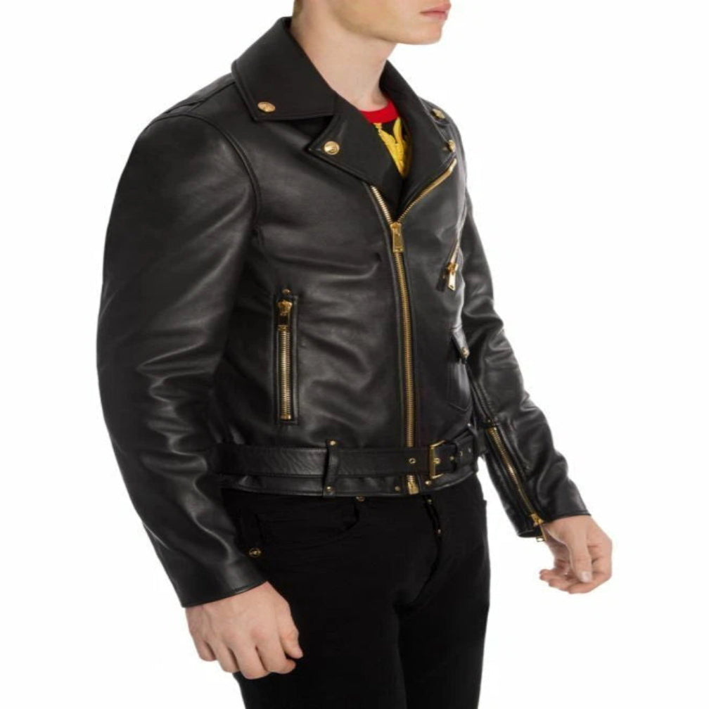 Men's Black Original Leather Belted Biker Jacket – Premium Gold Hardware Handcrafted Full-Grain