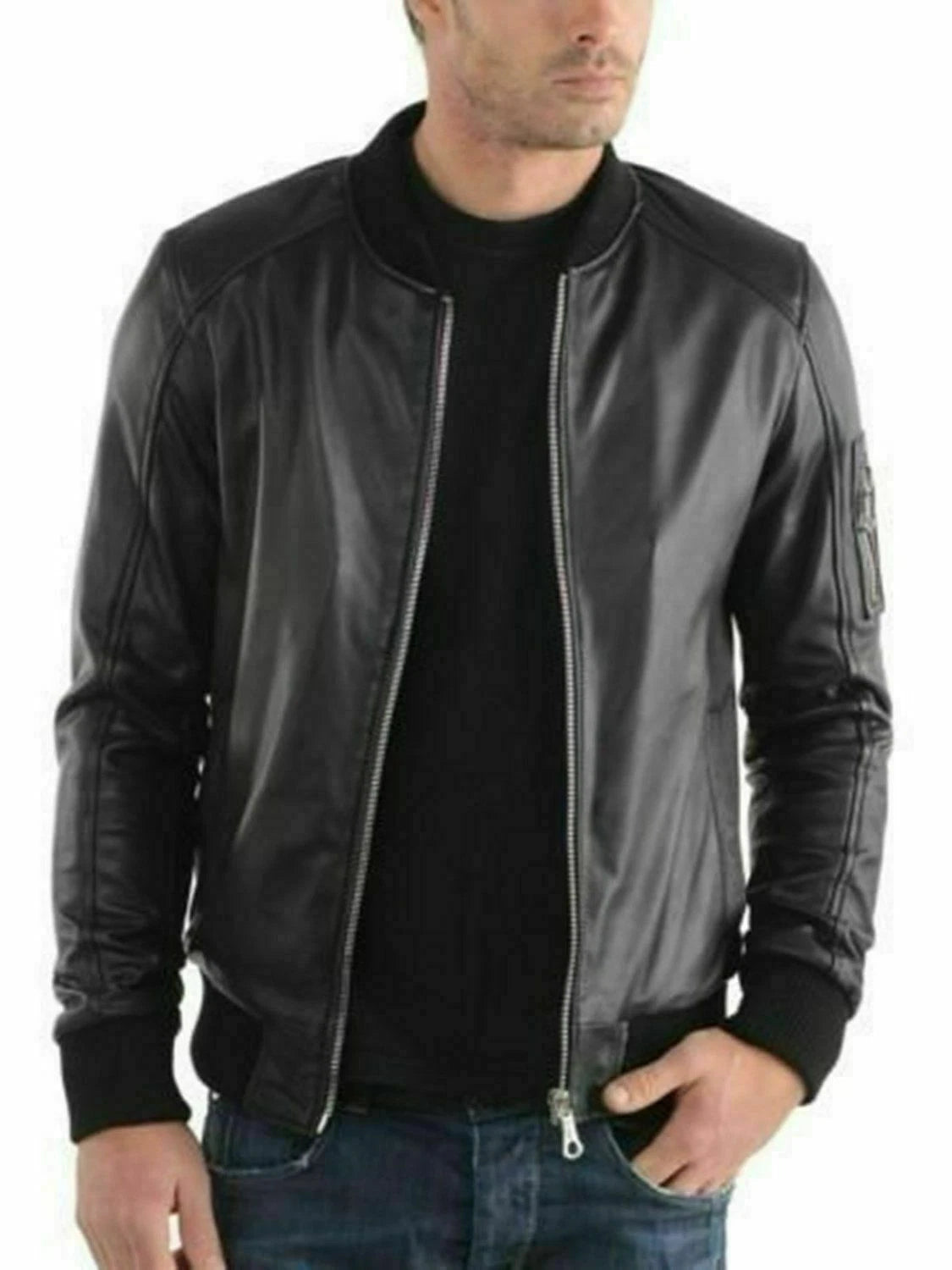 Men's Black Leather Premium Bomber Jacket – Handcrafted Full-Grain