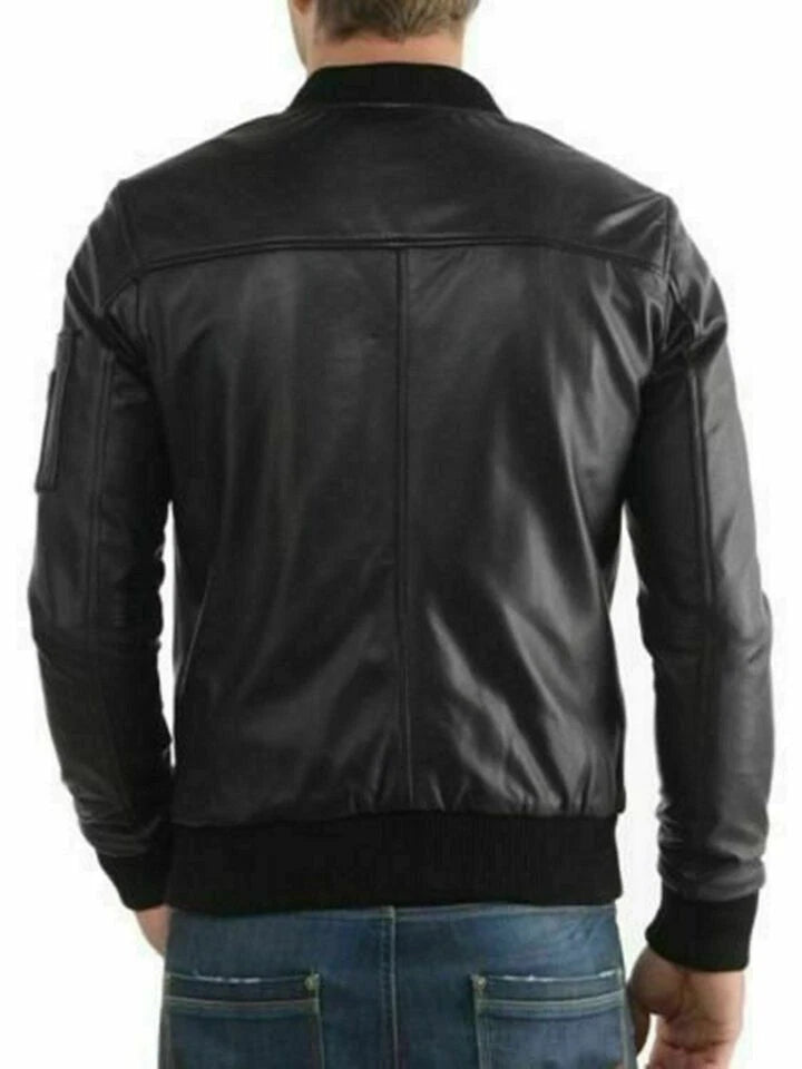 Men's Black Leather Premium Bomber Jacket – Handcrafted Full-Grain