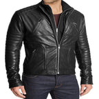 Men's Black Premium Original Leather Moto Jacket – Ribbed Sleeves & Multi-Zip Handcrafted Full-Grain – front view – Kamercio