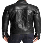 Men's Black Premium Original Leather Moto Jacket – Ribbed Sleeves & Multi-Zip Handcrafted Full-Grain – back view – Kamercio
