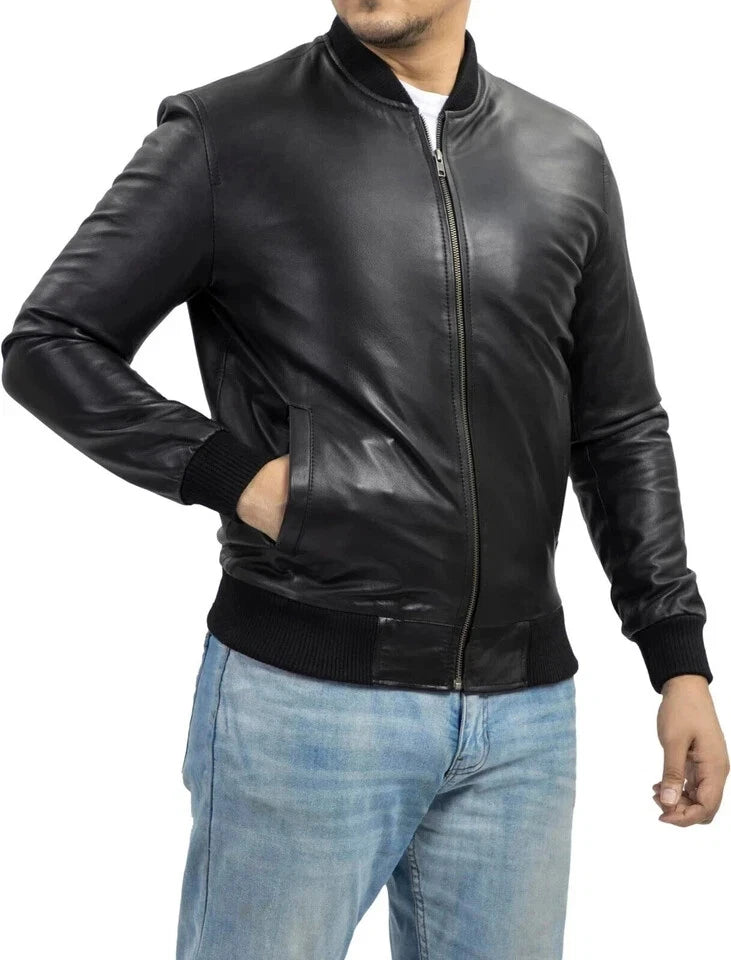 Men's Black Original Leather Premium Slim-Fit Bomber Jacket – Handcrafted Full-Grain