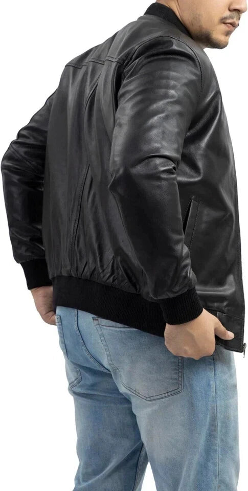Men's Black Original Leather Premium Slim-Fit Bomber Jacket – Handcrafted Full-Grain
