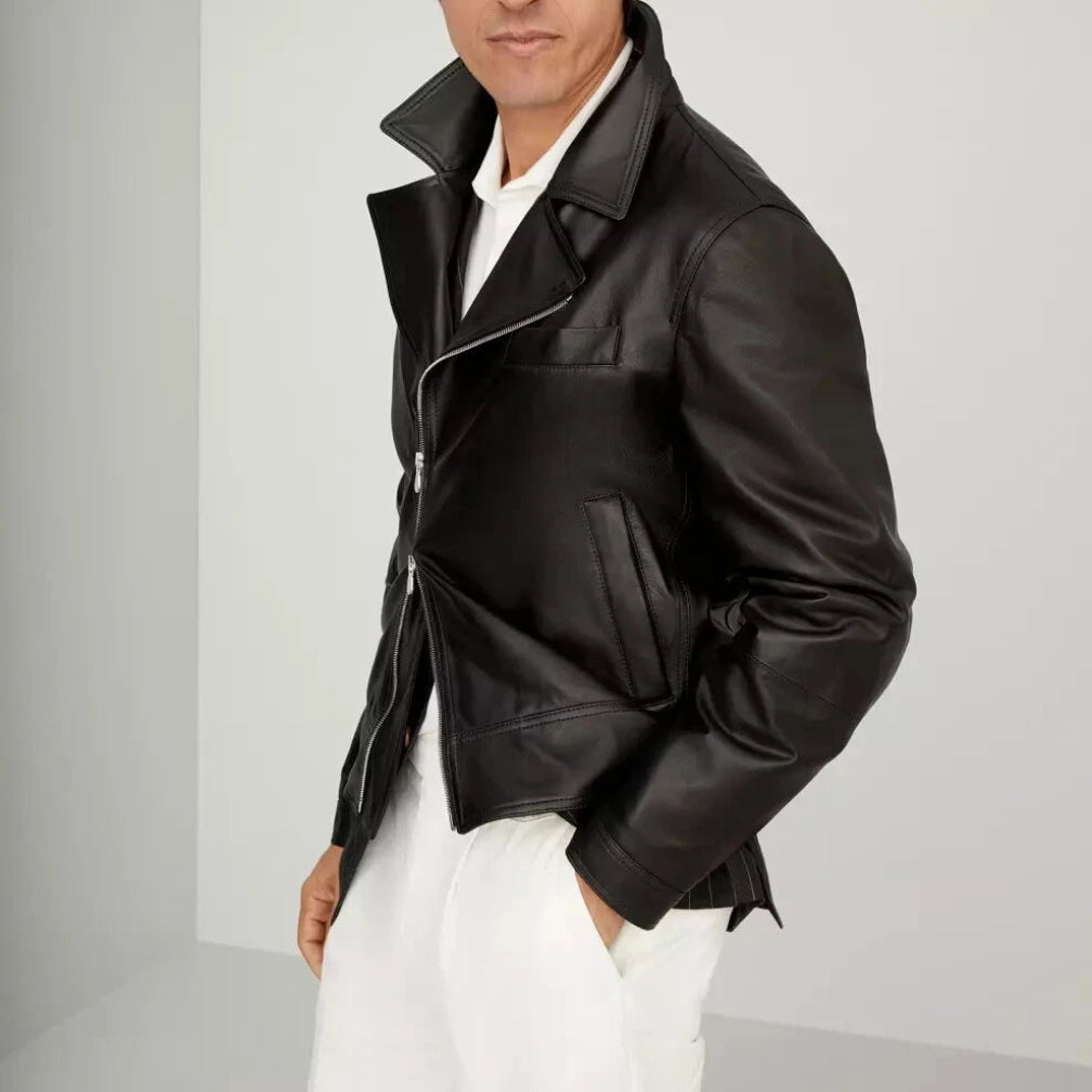 Men's Black Original Leather Oversized Biker Jacket – Wide Lapel Handcrafted Full-Grain