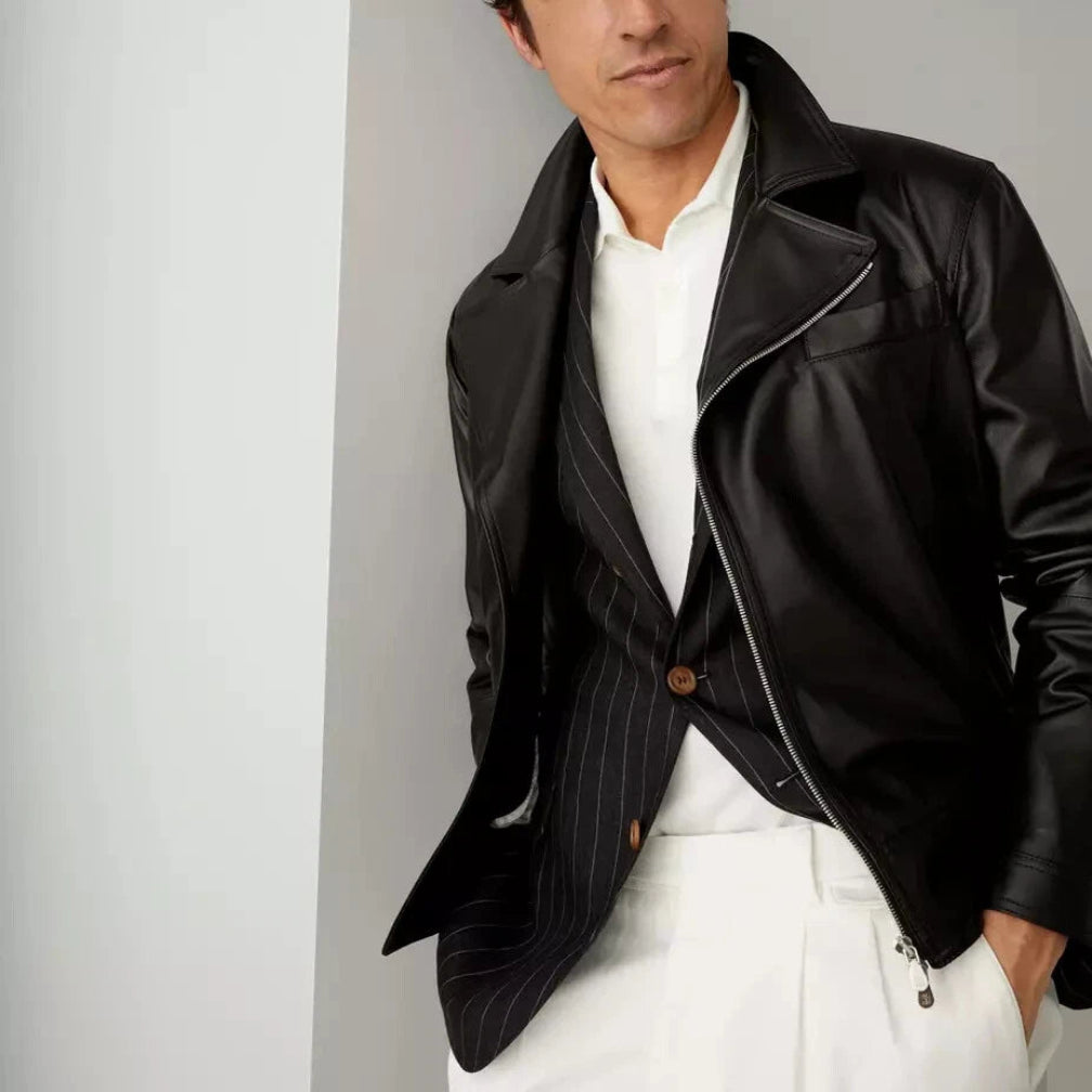 Men's Black Original Leather Oversized Biker Jacket – Wide Lapel Handcrafted Full-Grain