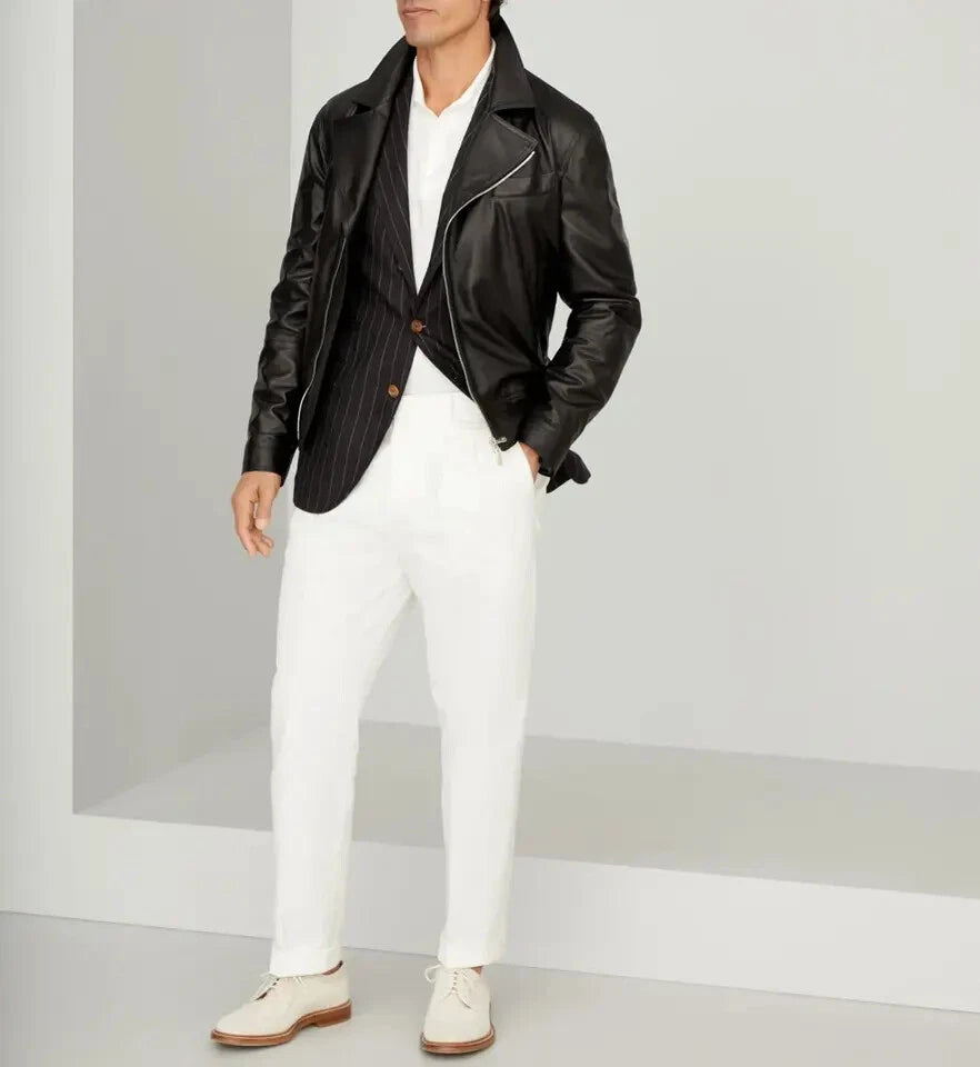 Men's Black Original Leather Oversized Biker Jacket – Wide Lapel Handcrafted Full-Grain