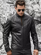 Men's Black Original Leather Stand Collar Jacket – Panelled Handcrafted Full-Grain – close-up detail – Kamercio