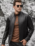 Men's Black Original Leather Stand Collar Jacket – Panelled Handcrafted Full-Grain – leather jacket, side view – Kamercio