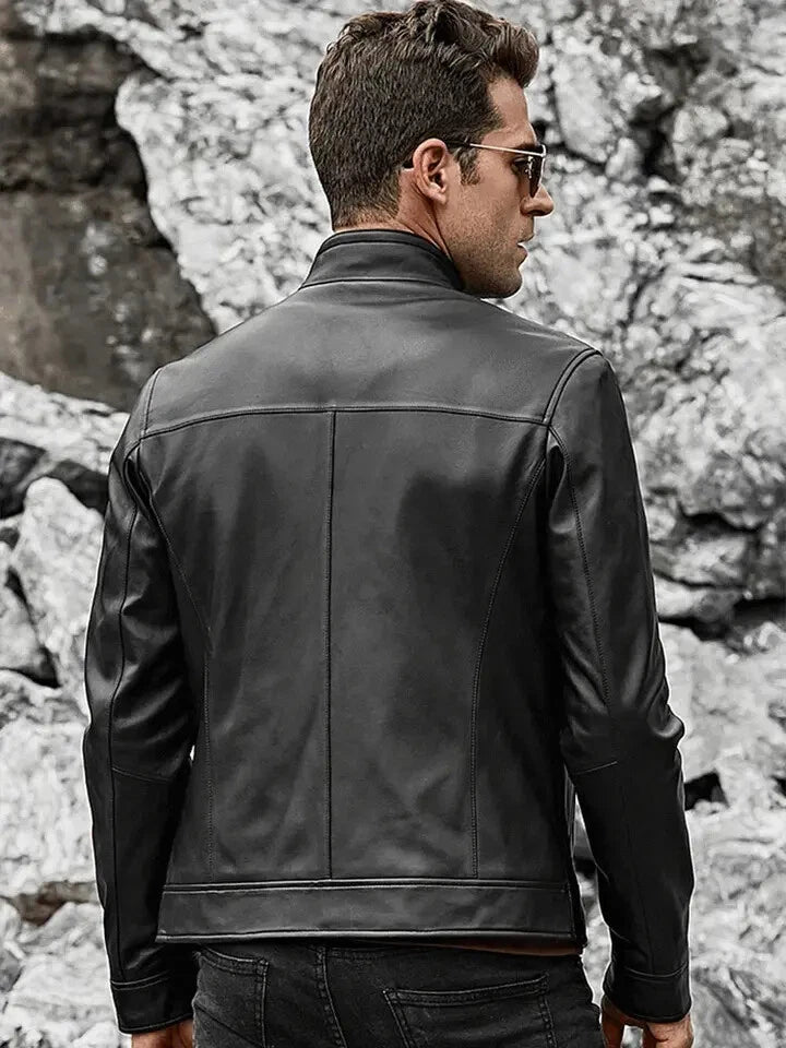 Men's Black Original Leather Stand Collar Jacket – Panelled Handcrafted Full-Grain