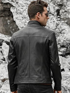 Men's Black Original Leather Stand Collar Jacket – Panelled Handcrafted Full-Grain – leather jacket, worn on model – Kamercio
