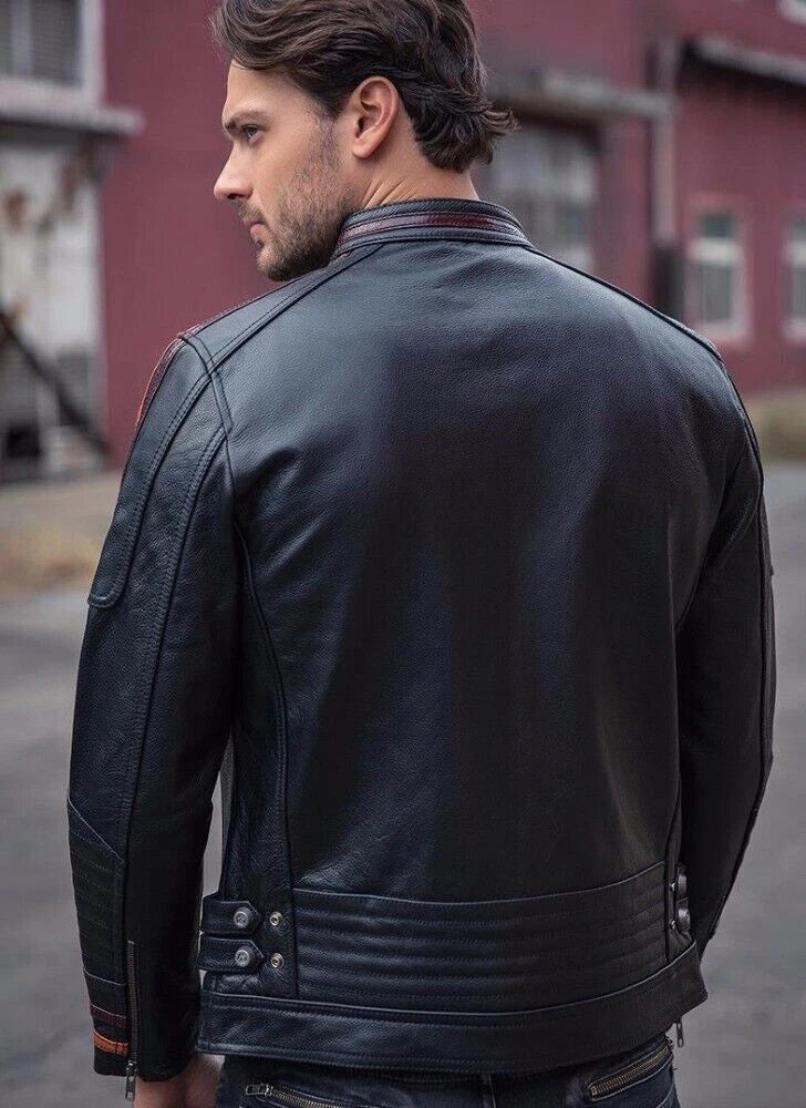 Men's Black Original Leather Premium Racer Jacket – Orange Stripe Detail Handcrafted Full-Grain