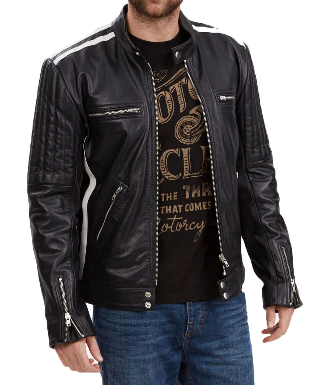 Men's Black Leather Moto Jacket – White Stripe & Quilted Shoulders Handcrafted Full-Grain