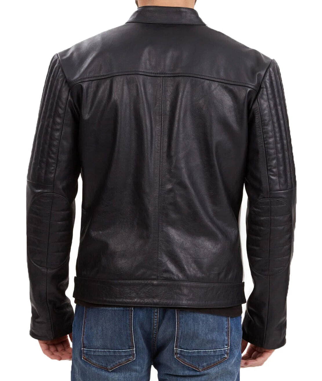 Men's Black Leather Moto Jacket – White Stripe & Quilted Shoulders Handcrafted Full-Grain