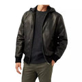 Men's Black Leather Hooded Bomber Jacket – Handcrafted Full-Grain