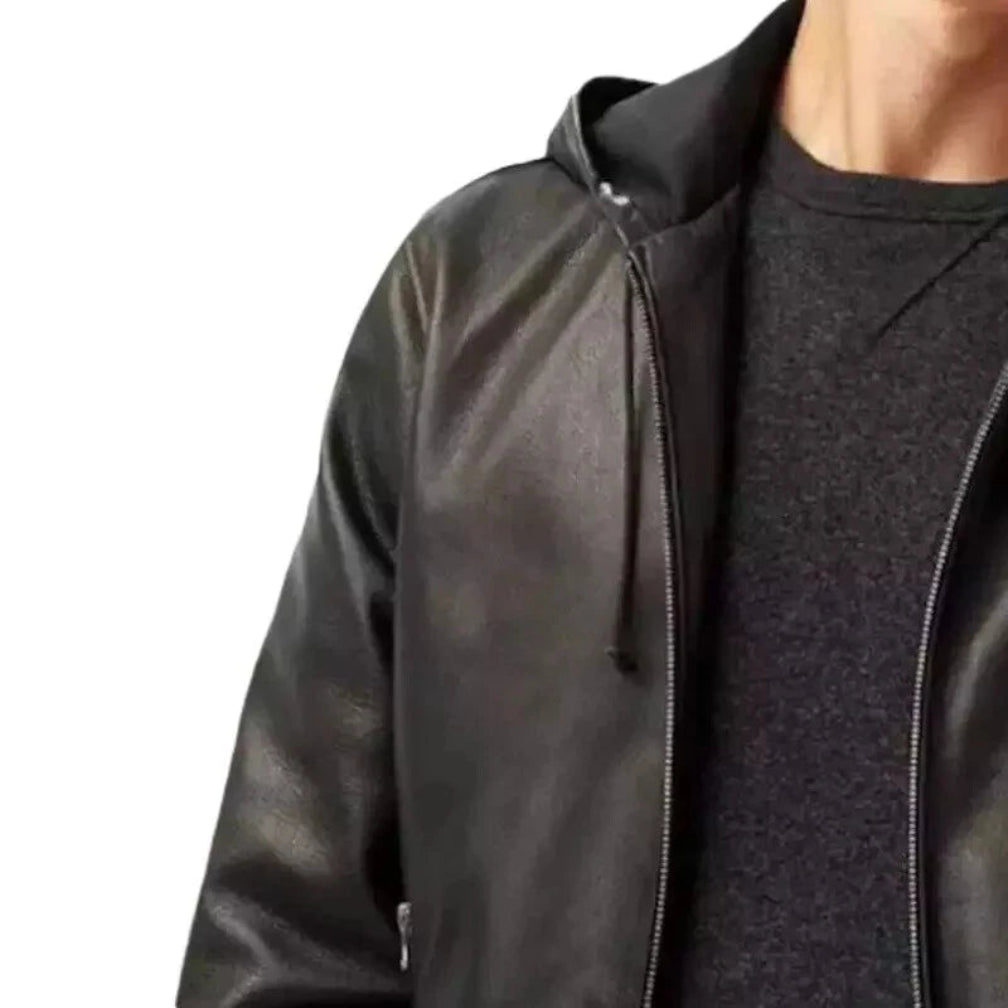 Men's Black Leather Hooded Bomber Jacket – Handcrafted Full-Grain
