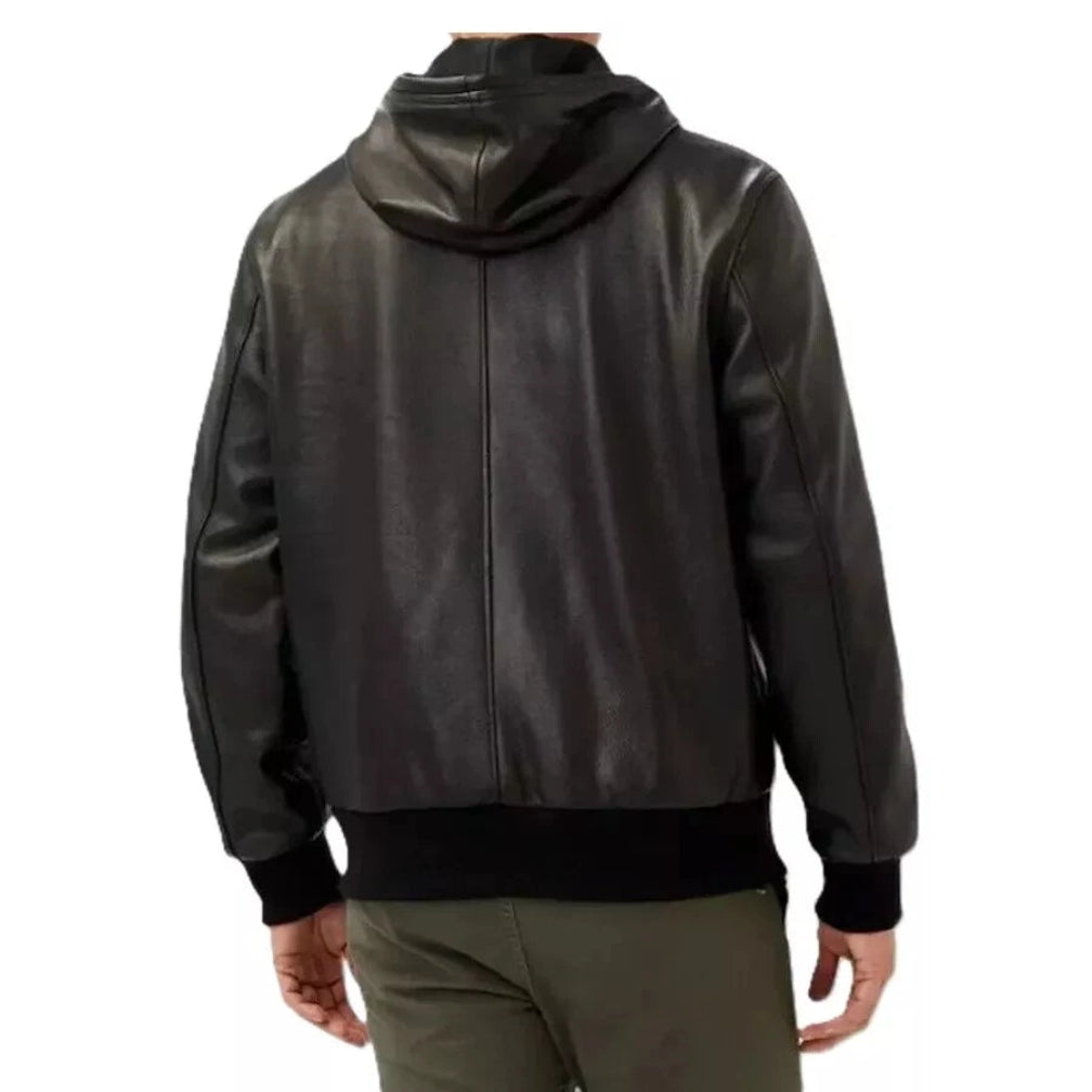 Men's Black Leather Hooded Bomber Jacket – Handcrafted Full-Grain