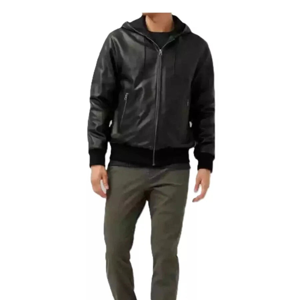 Men's Black Leather Hooded Bomber Jacket – Handcrafted Full-Grain