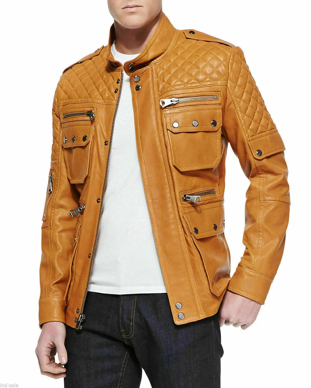 Men's Tan Quilted Multi-Pocket Premium Leather Original Field Jacket