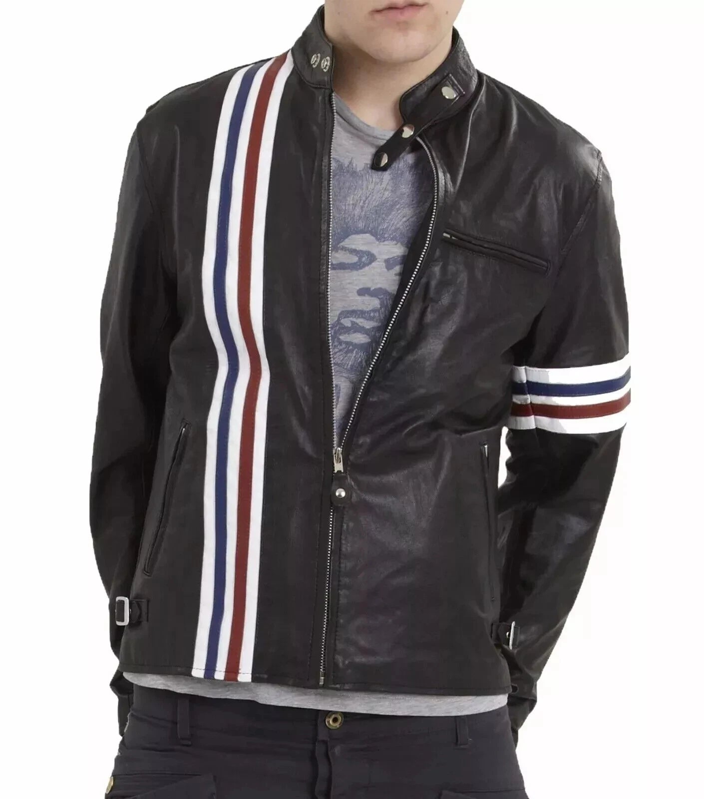 Men's Black Original Leather Premium Racing Stripe Jacket with Tri-Colour Detail