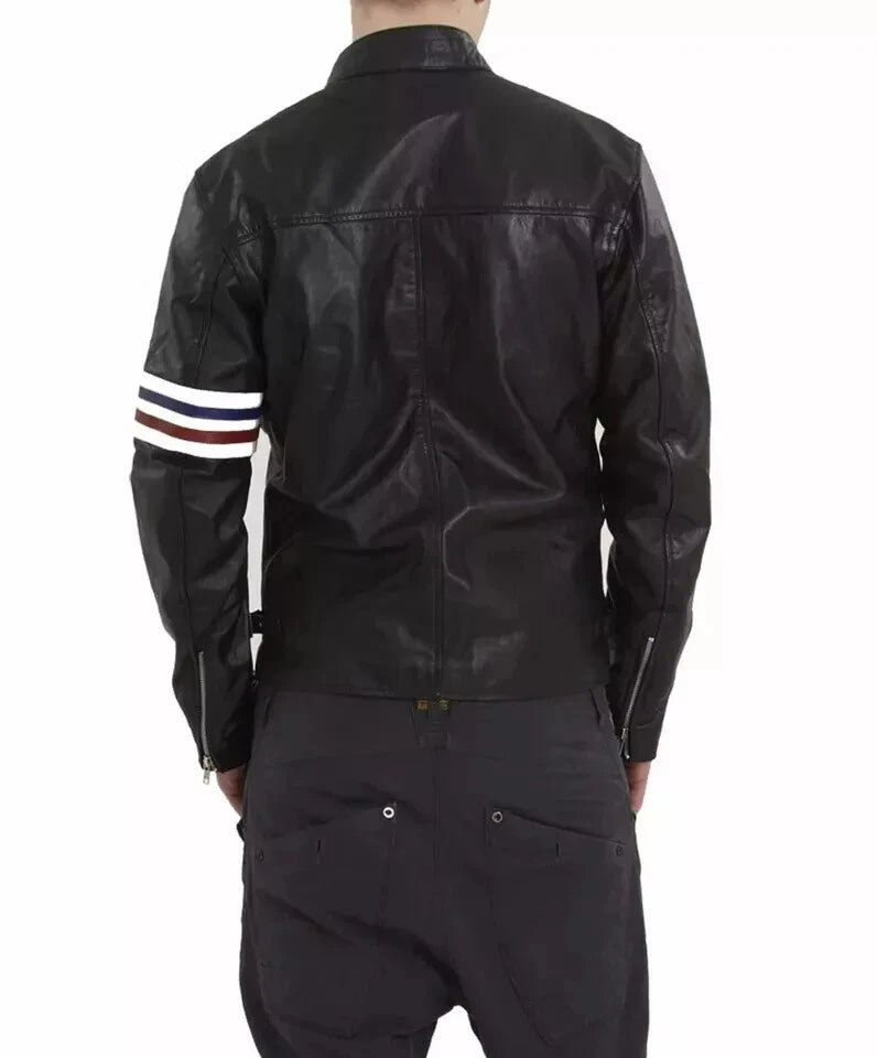 Men's Black Original Leather Premium Racing Stripe Jacket with Tri-Colour Detail