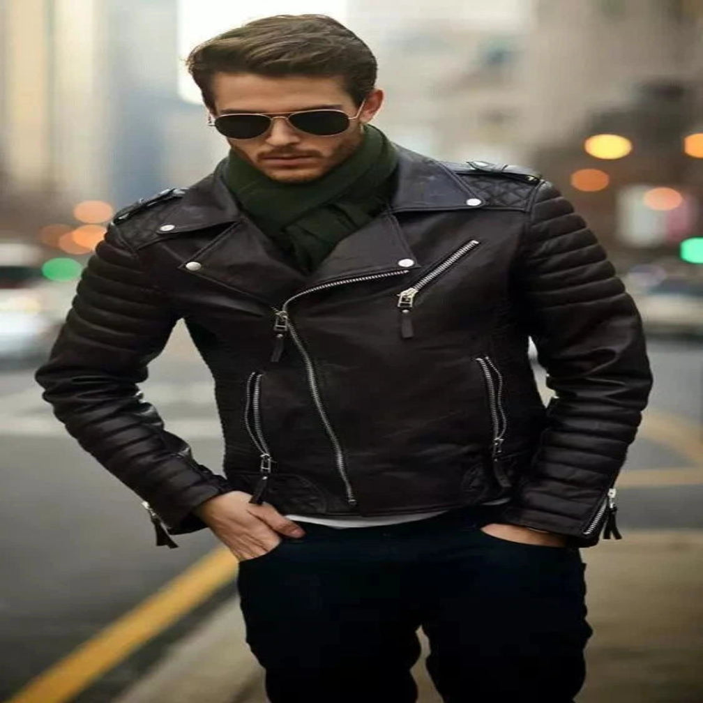 Men's Black Quilted Original Leather Biker Jacket with Silver Hardware