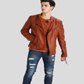 Men's Cognac Ribbed Original Leather Premium Asymmetric Biker Jacket